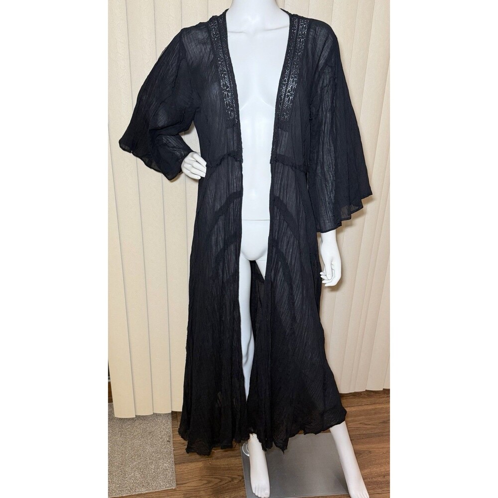 Free People Curved Gauze Duster Black Large Sheer Cotton Crochet Bell Sleeve